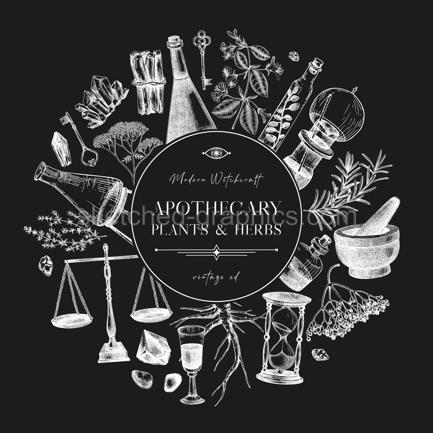 Antique apothecary hand-drawn vector illustrations. Alchemy sketches on chalkboard. Vintage chemistry wreath design. NOT AI generated Illustration